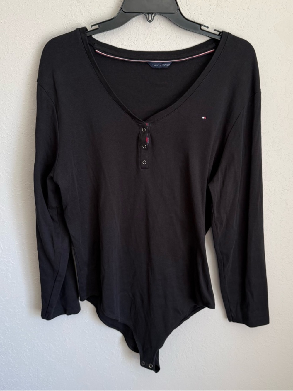 Women’s XXL Black Tommy Hilfiger Body Suit Preppy V Neck Henley Classic Normcore
